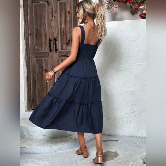 NEW Boho Flowy Smocked Tiered Ruffle Cami Dress Navy Blue - Picture 4 of 8